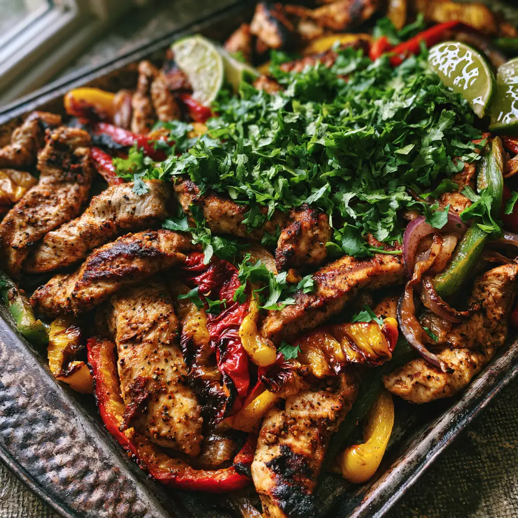 Sheet Pan Chicken Fajitas: Sizzling, Easy Weeknight Perfection 1 Close up of caramelized red onions and seasoning specks on juicy chicken fajitas. (Sheet Pan Chicken Fajitas)