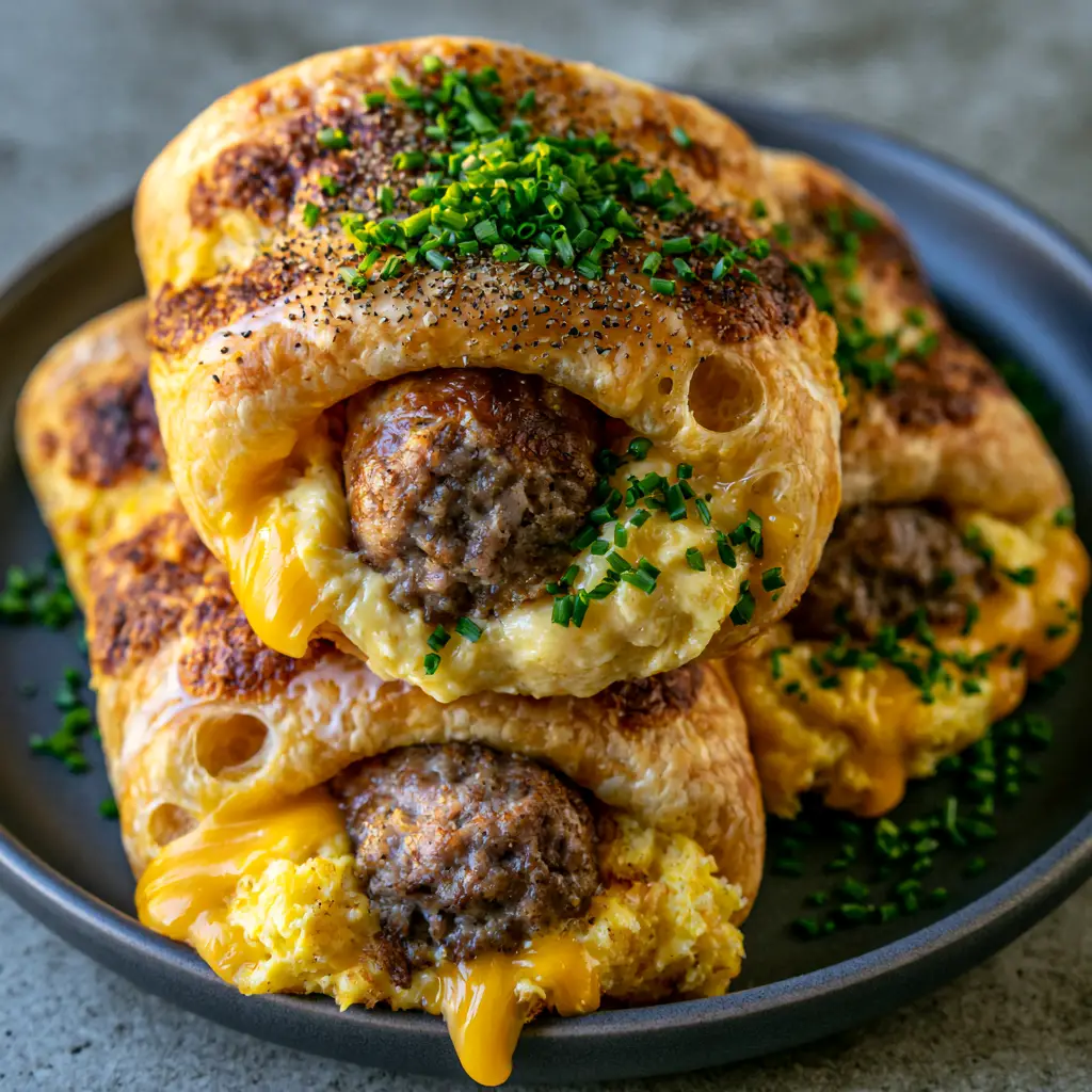 Sausage Egg and Cheese Roll-Ups: The Ultimate Flaky Air Fryer Breakfast 1 Close up of the interior of a Sausage Egg and Cheese Roll-Up showing fluffy eggs and juicy sausage.