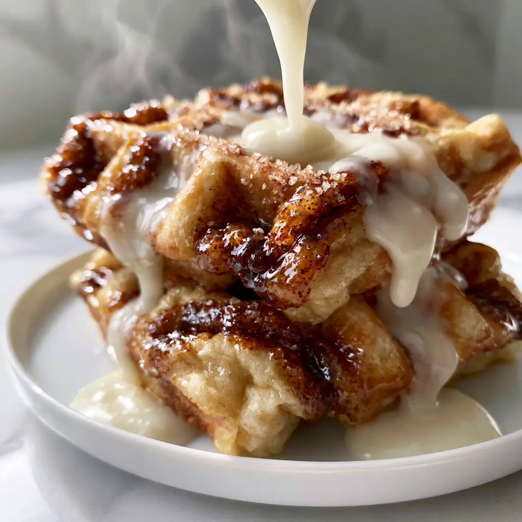 Cinnamon Waffles: The Ultimate Crispy Cinnamon Roll Hybrid Recipe 2 Macro handheld photo of a Cinnamon Waffle showing glistening caramelized cinnamon sugar swirls and steam vapor. (Cinnamon Waffles)