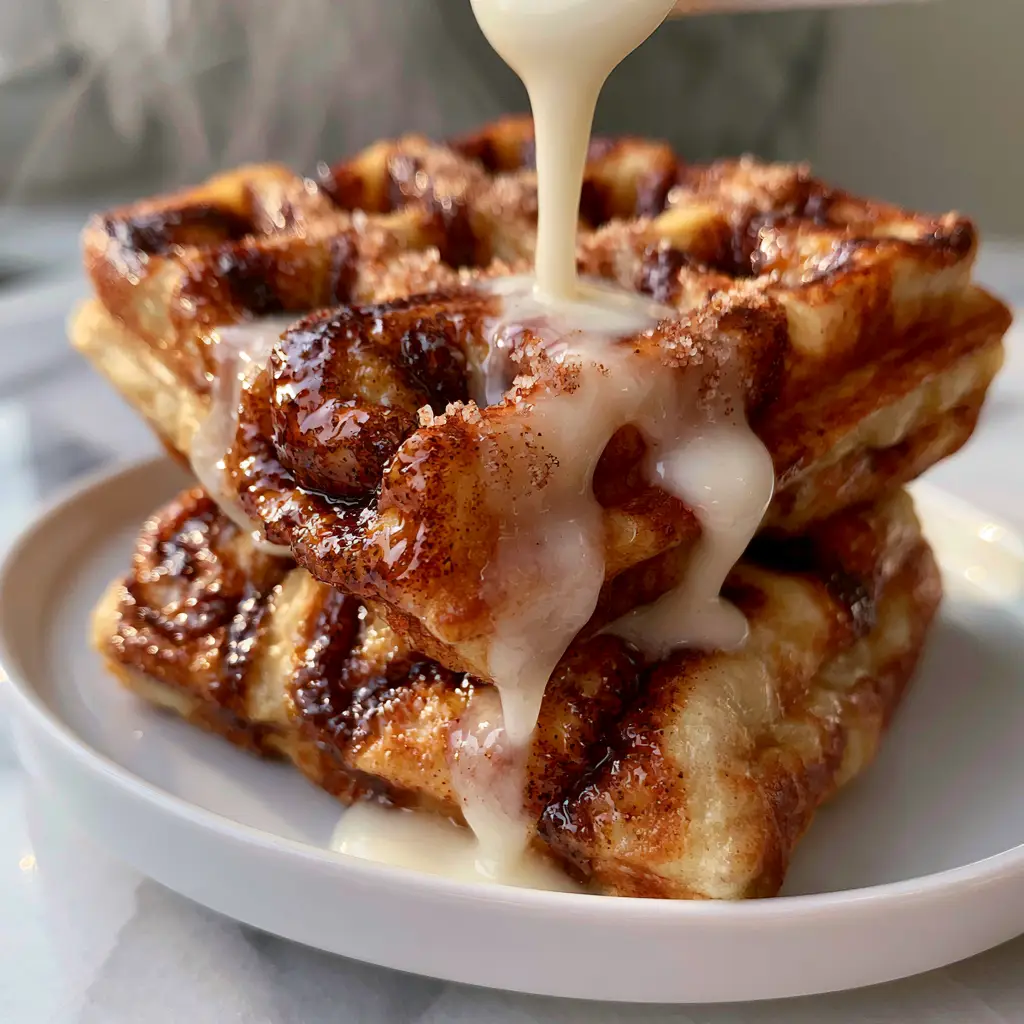 Cinnamon Waffles: The Ultimate Crispy Cinnamon Roll Hybrid Recipe 1 A thick, viscous white cream cheese glaze being poured over golden-brown Cinnamon Waffles. (Cinnamon Waffles)