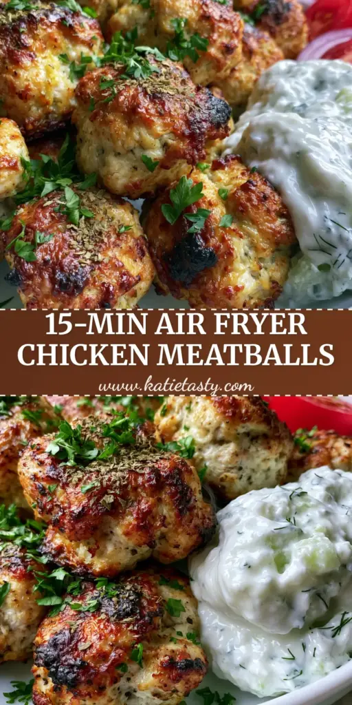 Mediterranean Chicken Meatballs: Crispy Air-Fried Perfection with Creamy Tzatziki 4 A stack of golden-brown Mediterranean Chicken Meatballs with charred edges on a white plate with tzatziki and red onions.