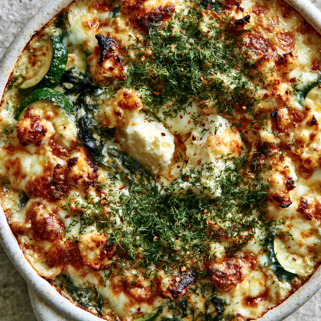 Baked Zucchini Spinach and Feta Casserole with a Bubbly Golden Crust 2 Macro shot of toasted feta crumbles and bubbly mozzarella on a Baked Zucchini Spinach and Feta Casserole.