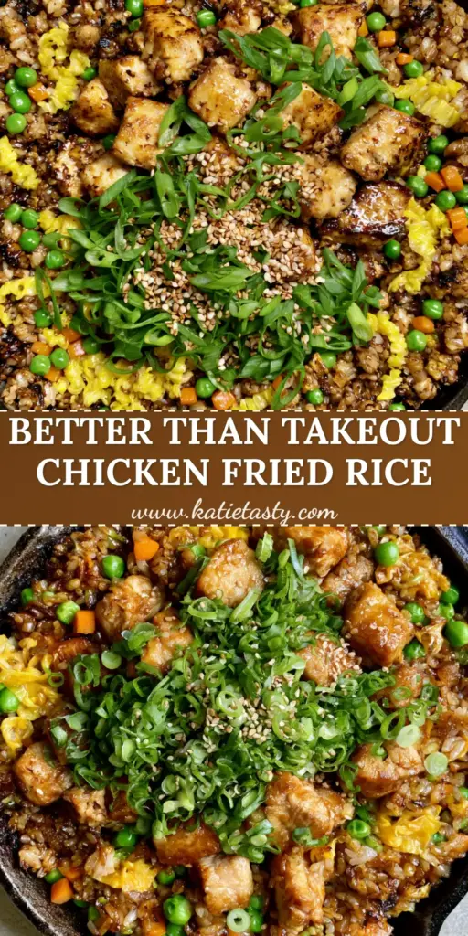 Chicken fried rice: The Ultimate Cast Iron Skillet Guide 3 A top-down view of a rustic cast iron skillet filled with Chicken fried rice, featuring charred jasmine grains, golden chicken cubes, green peas, and egg ribbons garnished with scallions.