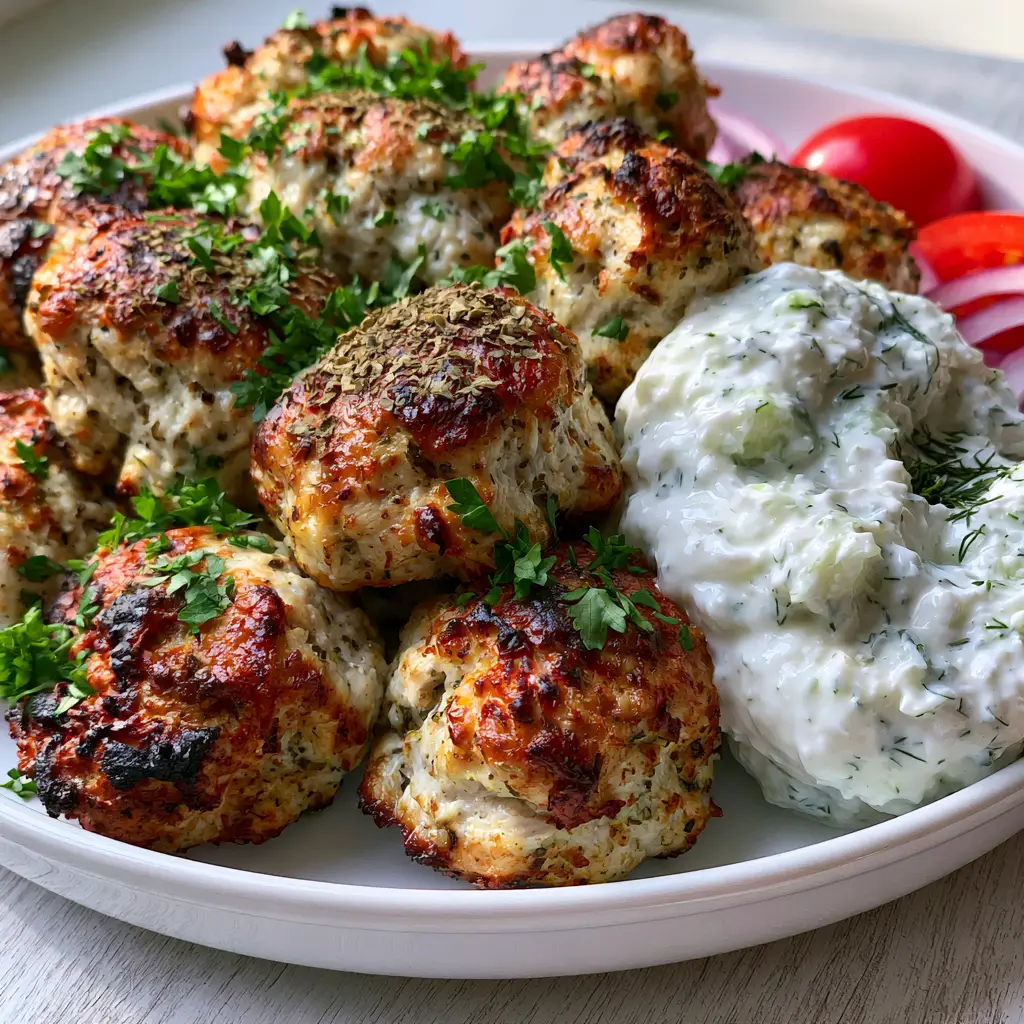 Mediterranean Chicken Meatballs: Crispy Air-Fried Perfection with Creamy Tzatziki 2 Close-up of Mediterranean Chicken Meatballs showing the crispy charred texture and fresh parsley garnish.
