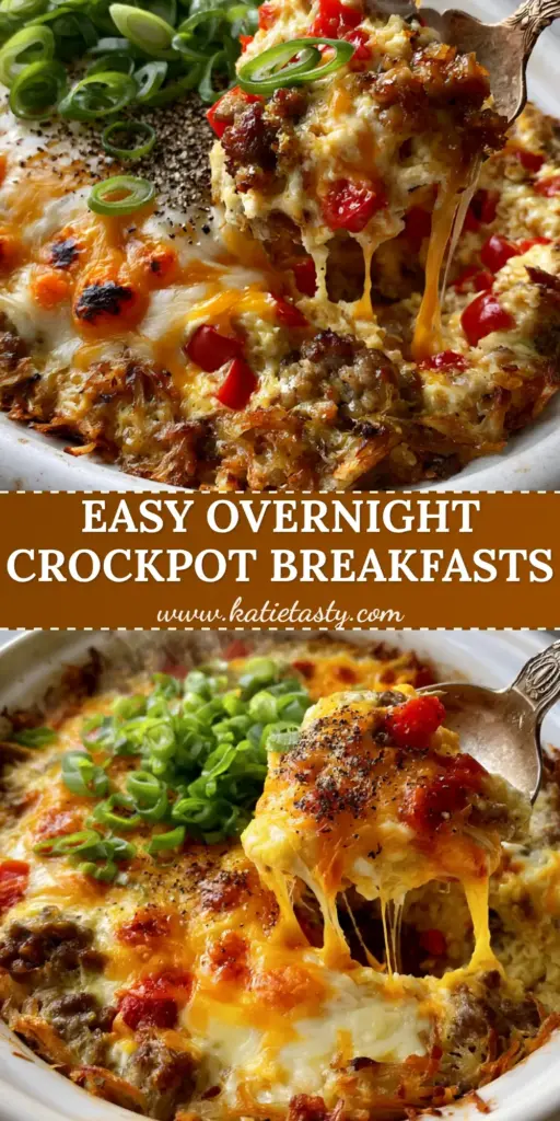 Overnight Crockpot Breakfast Recipes: The Ultimate Sausage and Hashbrown Casserole 4 A rustic slow cooker filled with golden hashbrowns, bubbling cheddar cheese, and sausage crumbles for overnight crockpot breakfast recipes.