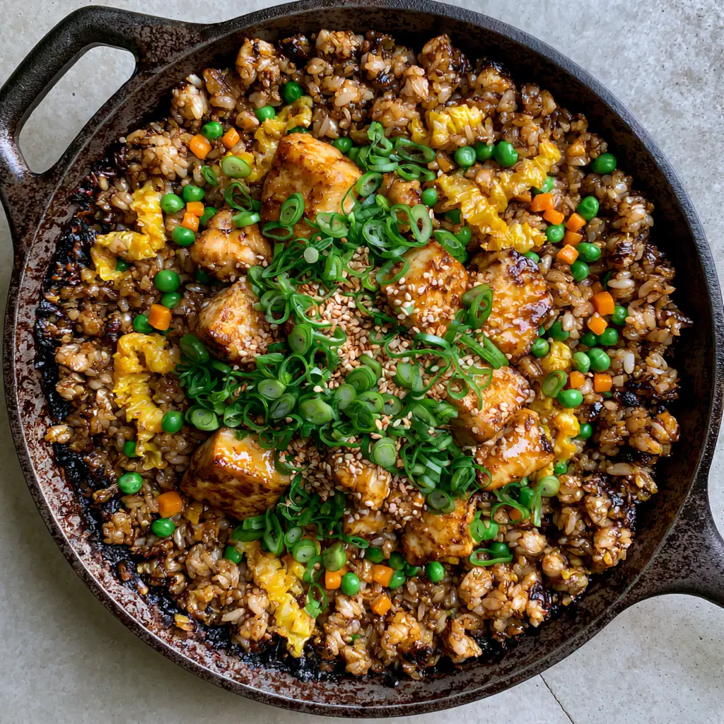Chicken fried rice: The Ultimate Cast Iron Skillet Guide 2 Close-up of charred jasmine rice grains and golden seared chicken in a black skillet. (Chicken fried rice)