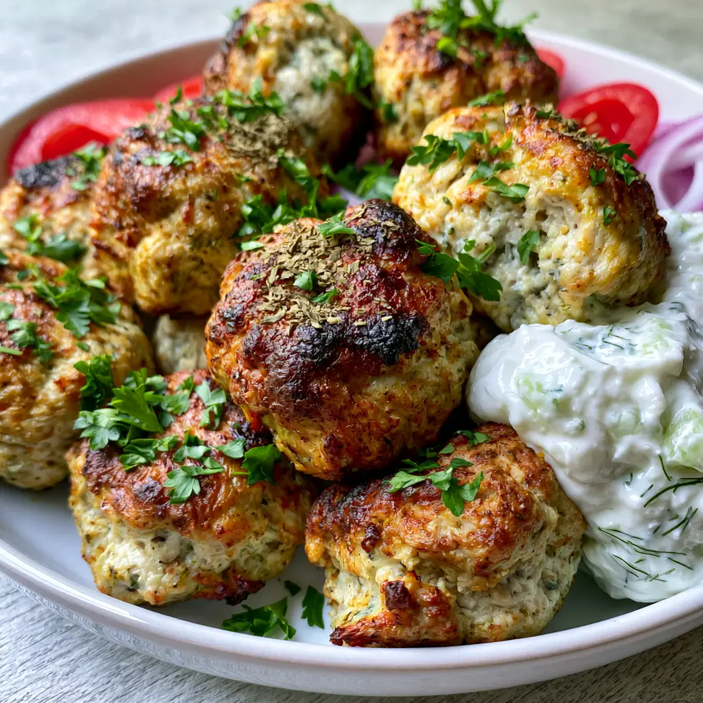 Mediterranean Chicken Meatballs: Crispy Air-Fried Perfection with Creamy Tzatziki 1 A full plate of Mediterranean Chicken Meatballs with thick tzatziki, cherry tomatoes, and red onions on a wooden table.
