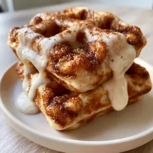 Ultra-close-up of golden-brown cinnamon waffles with visible cinnamon sugar swirls and opaque white glaze pooling in deep square wells.