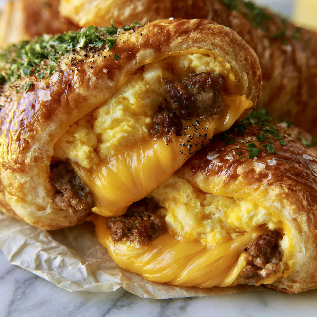 Breakfast roll-ups with Savory Sausage, Soft-Set Eggs, and Oozy Sharp Cheddar 2 Close-up of golden-brown Breakfast roll-ups with shiny egg wash glaze, sea salt flakes, and fresh parsley. (Breakfast roll-ups)