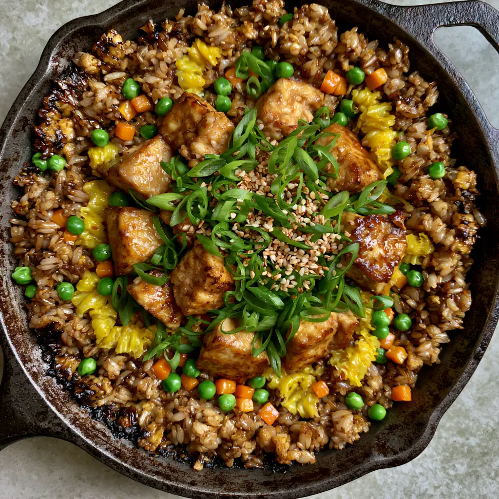 Chicken fried rice: The Ultimate Cast Iron Skillet Guide 1 Overhead shot of Chicken fried rice glistening with soy glaze, topped with a shower of sesame seeds and green onions.