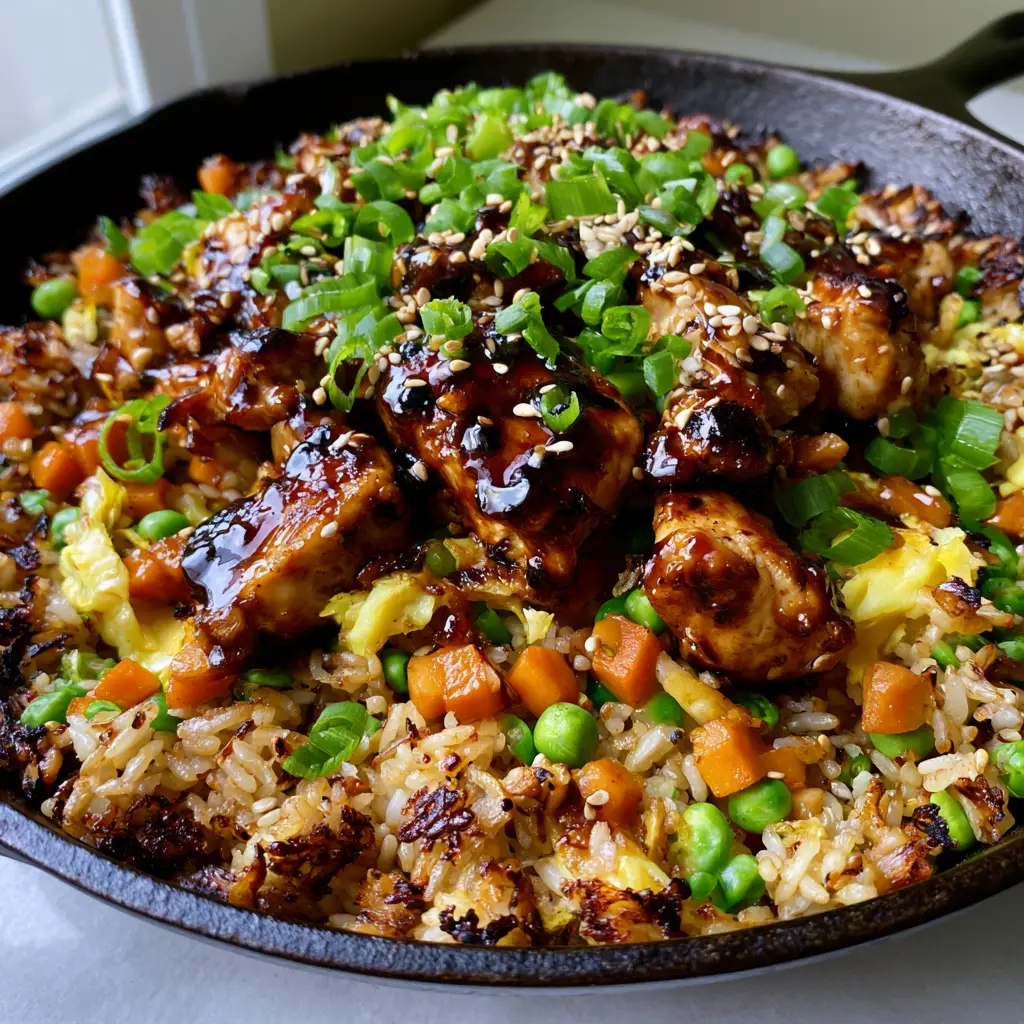 Teriyaki Chicken Fried Rice: The Ultimate One-Pan Cast Iron Recipe 2 A smartphone photo of Teriyaki Chicken Fried Rice in a black skillet showing scorched rice edges and glazed chicken chunks.