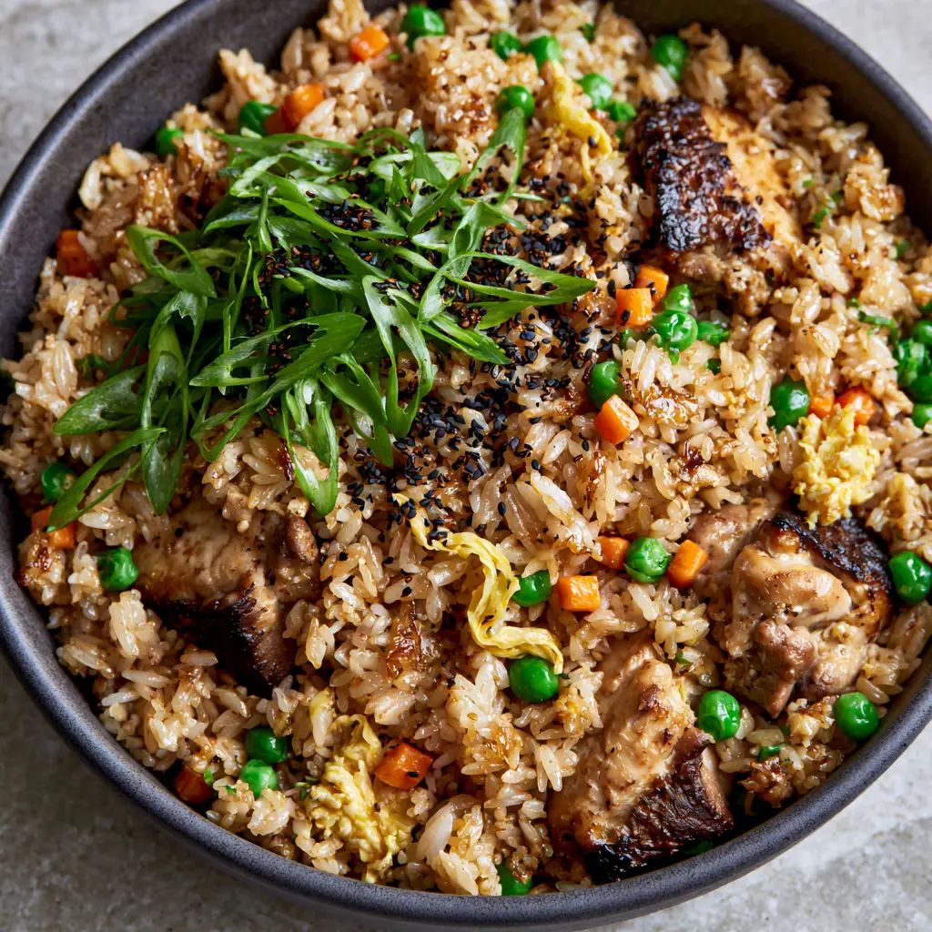 Chicken Fried Rice with Glistening Jasmine Grains and Seared Thighs 2 High-angle close-up of Chicken Fried Rice showing distinct, separated grains of jasmine rice and succulent seared chicken chunks.