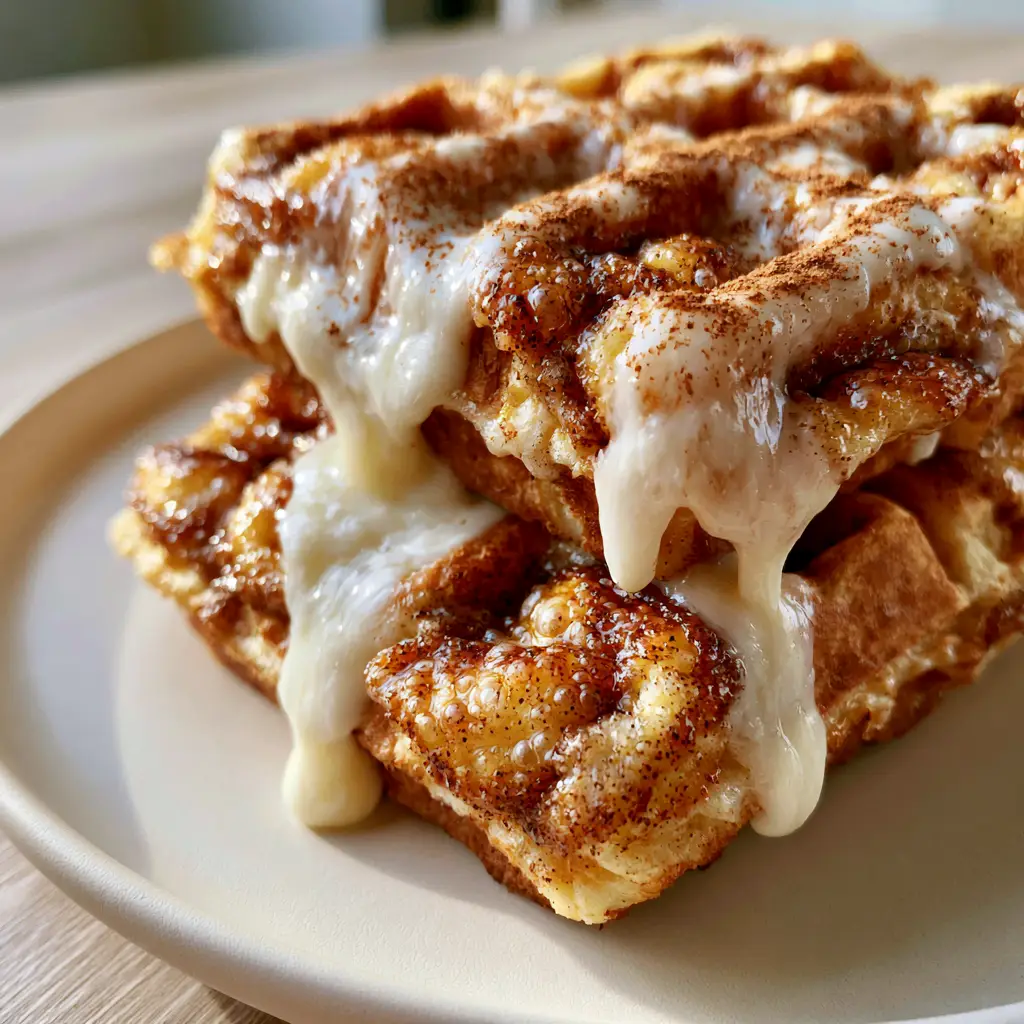 Cinnamon Waffles with Caramelized Sugar Swirl and Cream Cheese Glaze 1 Handheld smartphone photo of Belgian cinnamon waffles on a matte plate with warm morning sunlight and a cinnamon dusting.