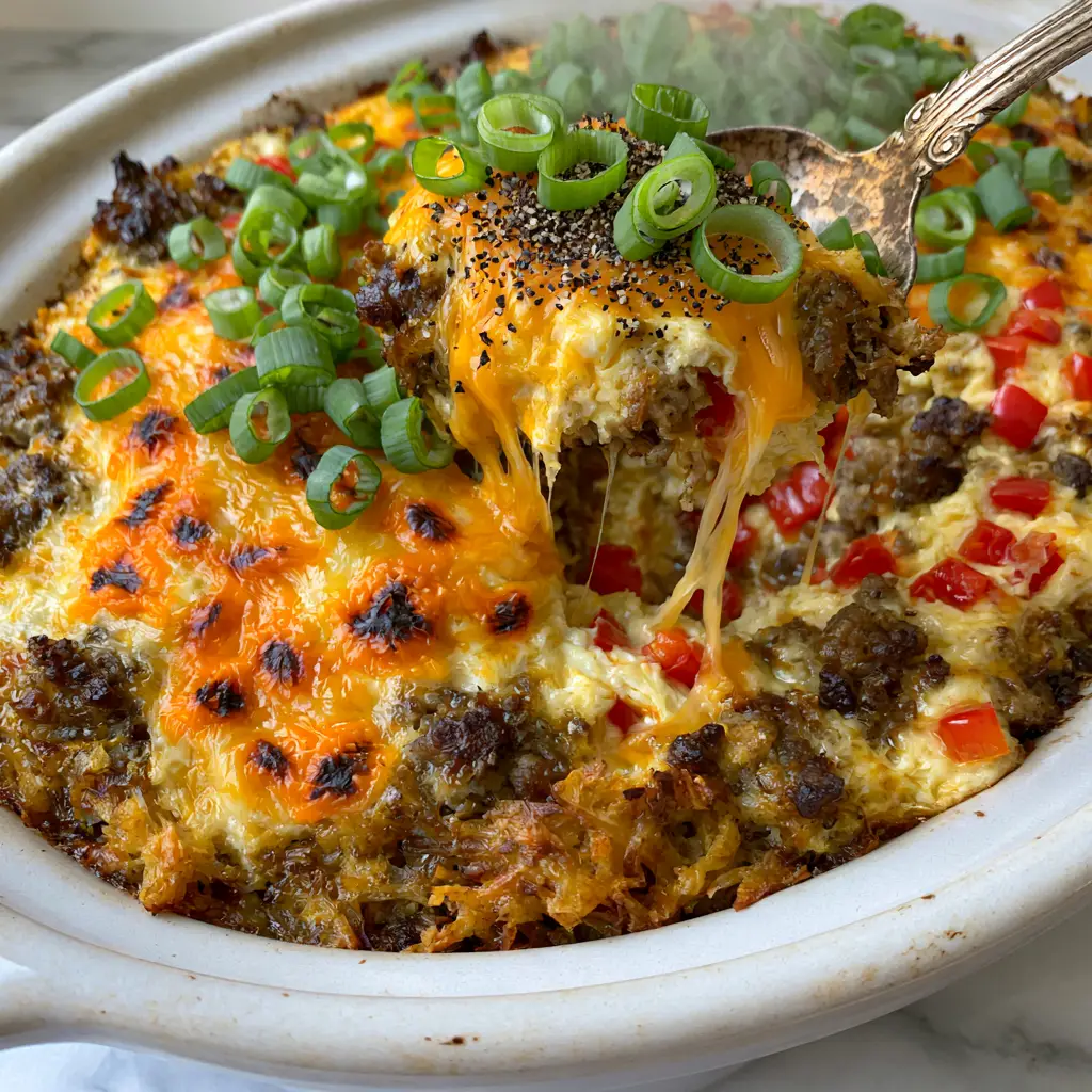 Overnight Crockpot Breakfast Recipes: The Ultimate Sausage and Hashbrown Casserole 1 A silver spoon lifting a portion of fluffy eggs and crispy hashbrowns, revealing cheese pulls from overnight crockpot breakfast recipes.