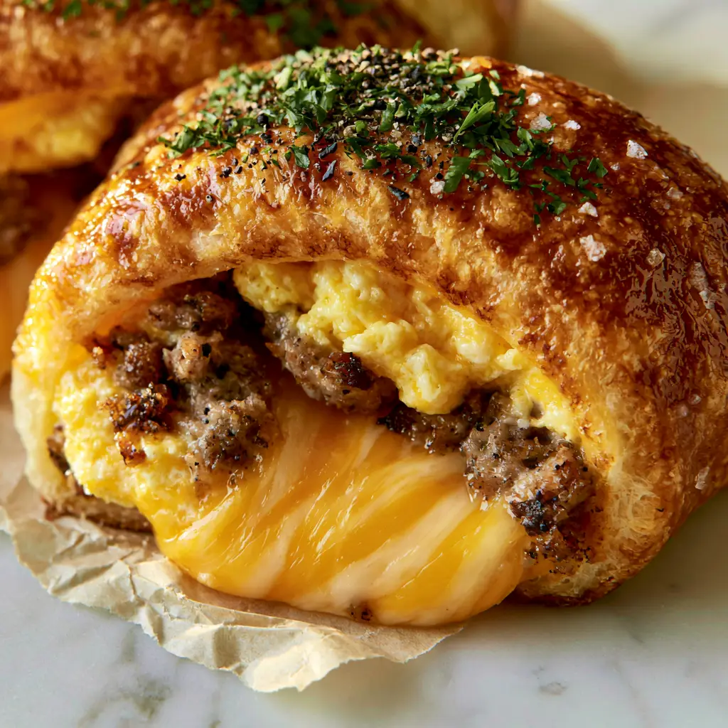 Breakfast roll-ups with Savory Sausage, Soft-Set Eggs, and Oozy Sharp Cheddar 1 Internal view of Breakfast roll-ups revealing moist scrambled egg curds, browned sausage, and melted cheese pull.