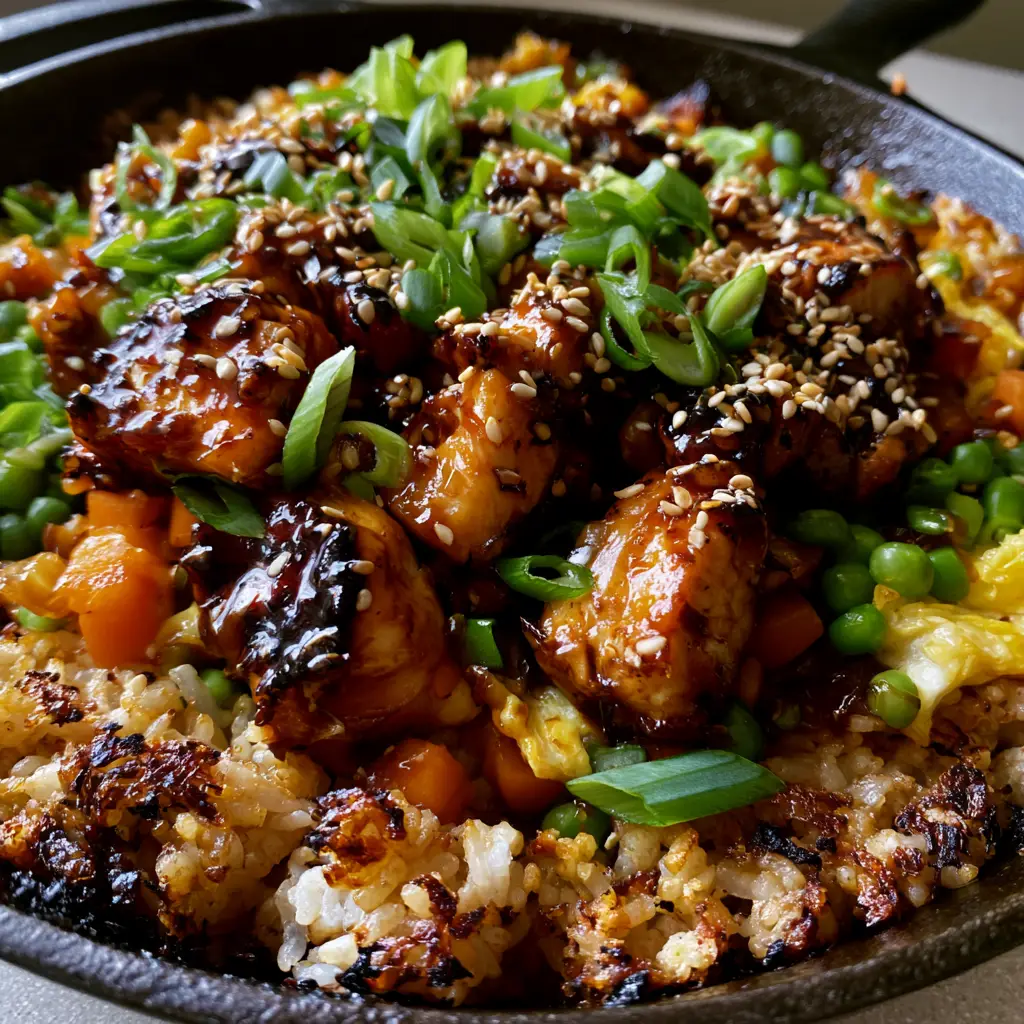 Teriyaki Chicken Fried Rice: The Ultimate One-Pan Cast Iron Recipe 1 Overhead shot of fried rice with golden egg ribbons, vibrant peas, and toasted sesame seeds.