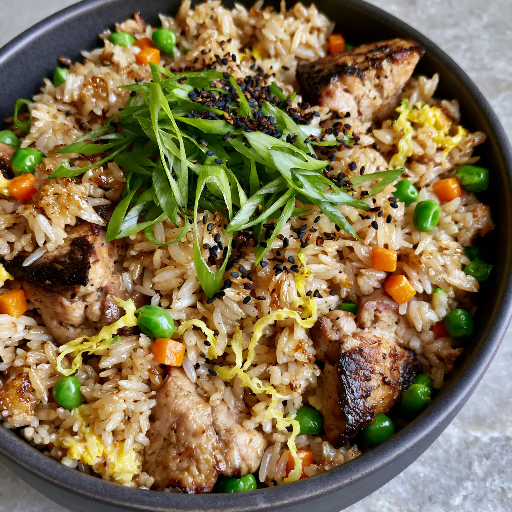 Chicken Fried Rice with Glistening Jasmine Grains and Seared Thighs 1 A matte charcoal ceramic bowl filled with Chicken Fried Rice garnished with bright green scallions and black sesame seeds.