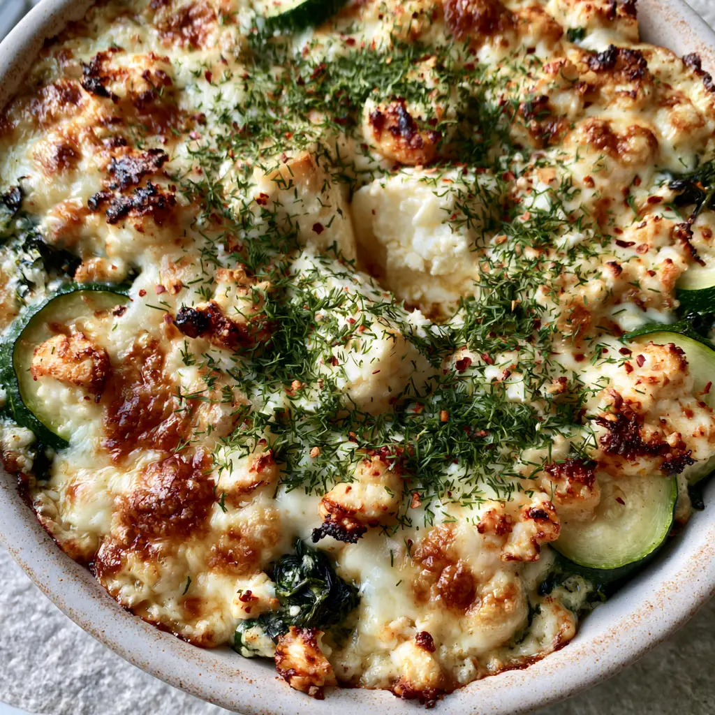 Baked Zucchini Spinach and Feta Casserole with a Bubbly Golden Crust 1 Overhead view of the finished Baked Zucchini Spinach and Feta Casserole garnished with red pepper flakes and dill.