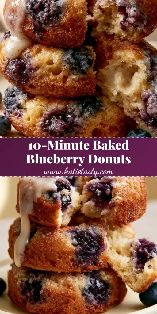 Baked Blueberry Donuts with Vanilla Bean Glaze and Jammy Fruit 4 A stack of three golden-brown baked blueberry donuts with bursting purple juice and a thick vanilla bean glaze drip. (baked blueberry donuts)