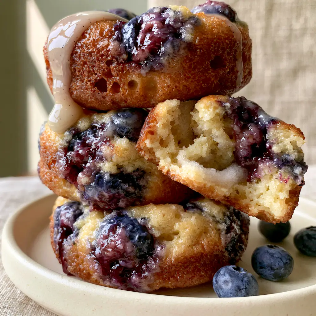 Baked Blueberry Donuts with Vanilla Bean Glaze and Jammy Fruit 2 Macro close-up of baked blueberry donuts showing moist cake crumb and jammy blueberries. (baked blueberry donuts)