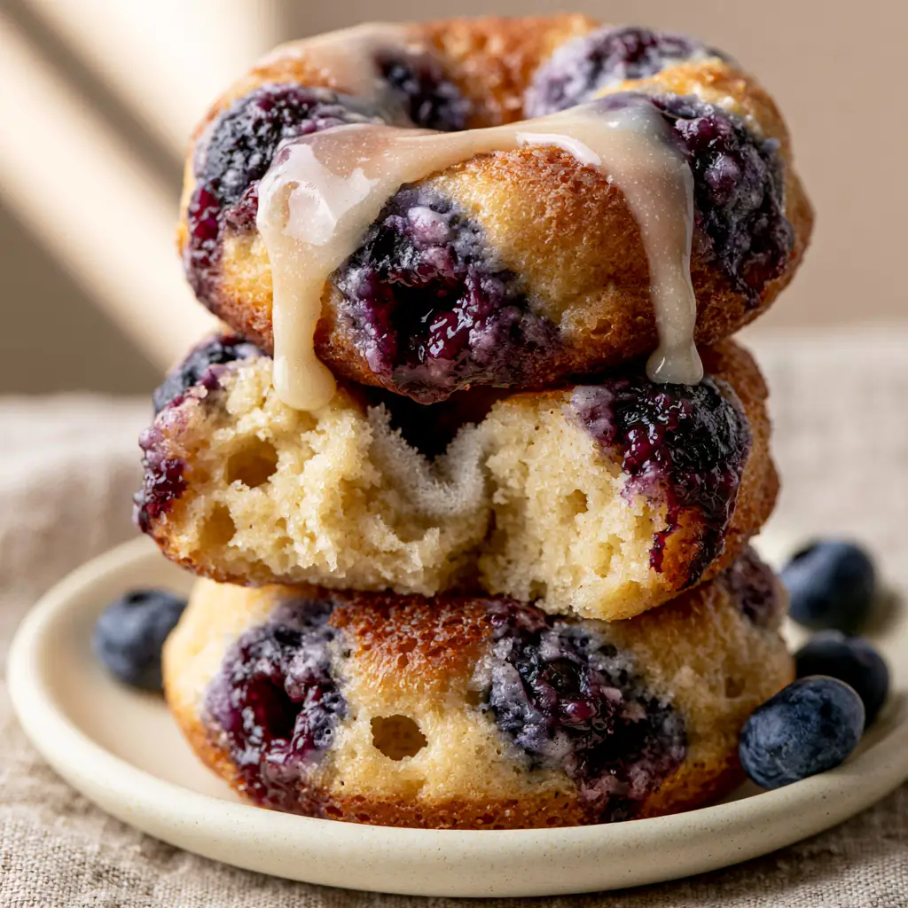 Baked Blueberry Donuts with Vanilla Bean Glaze and Jammy Fruit 1 Torn open baked blueberry donut showing steaming soft interior and vanilla bean specks in the glaze.