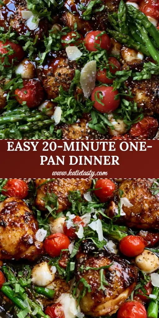 One Pan Balsamic Chicken with Blistered Tomatoes and Asparagus 3 Overhead shot of one pan balsamic chicken in a cast iron skillet with blistered tomatoes, asparagus, and melted mozzarella pearls.
