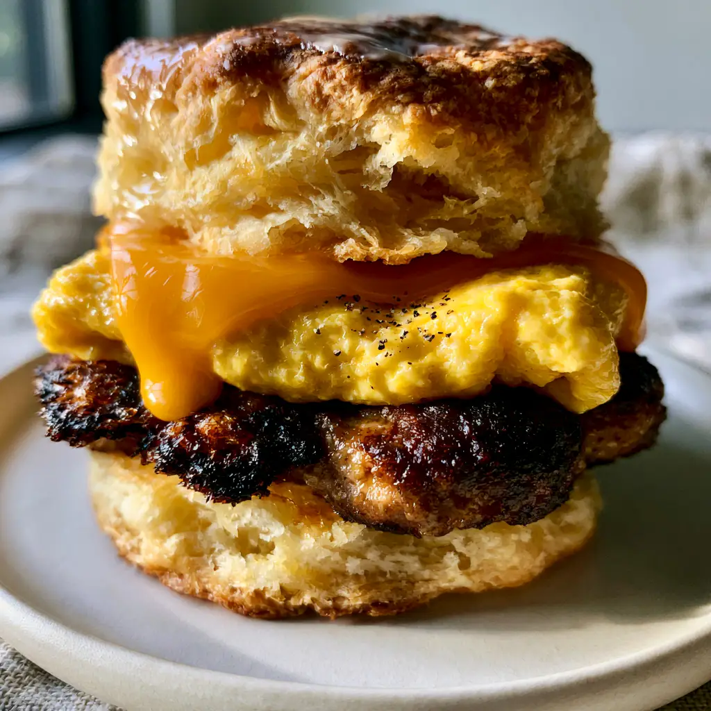 Egg Biscuits with Flaky Buttermilk Layers and Savory Sausage 2 Extreme close-up of golden egg biscuits showing the buttery layers and caramelized sausage edges.