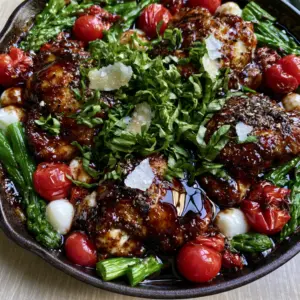 Close-up of seared chicken thighs coated in mahogany balsamic glaze with fresh basil ribbons. (one pan balsamic chicken)