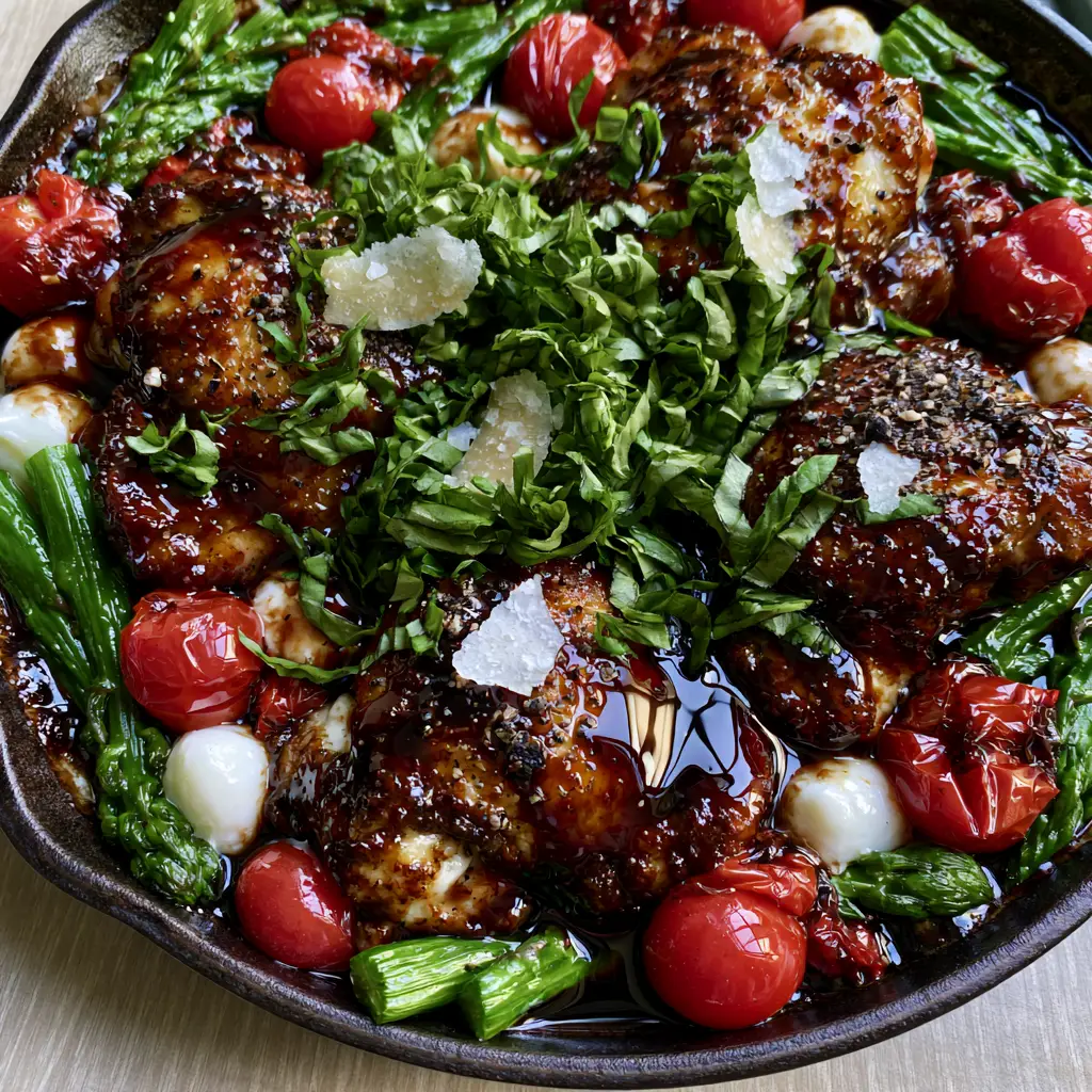 One Pan Balsamic Chicken with Blistered Tomatoes and Asparagus 2 Close-up of seared chicken thighs coated in mahogany balsamic glaze with fresh basil ribbons. (one pan balsamic chicken)