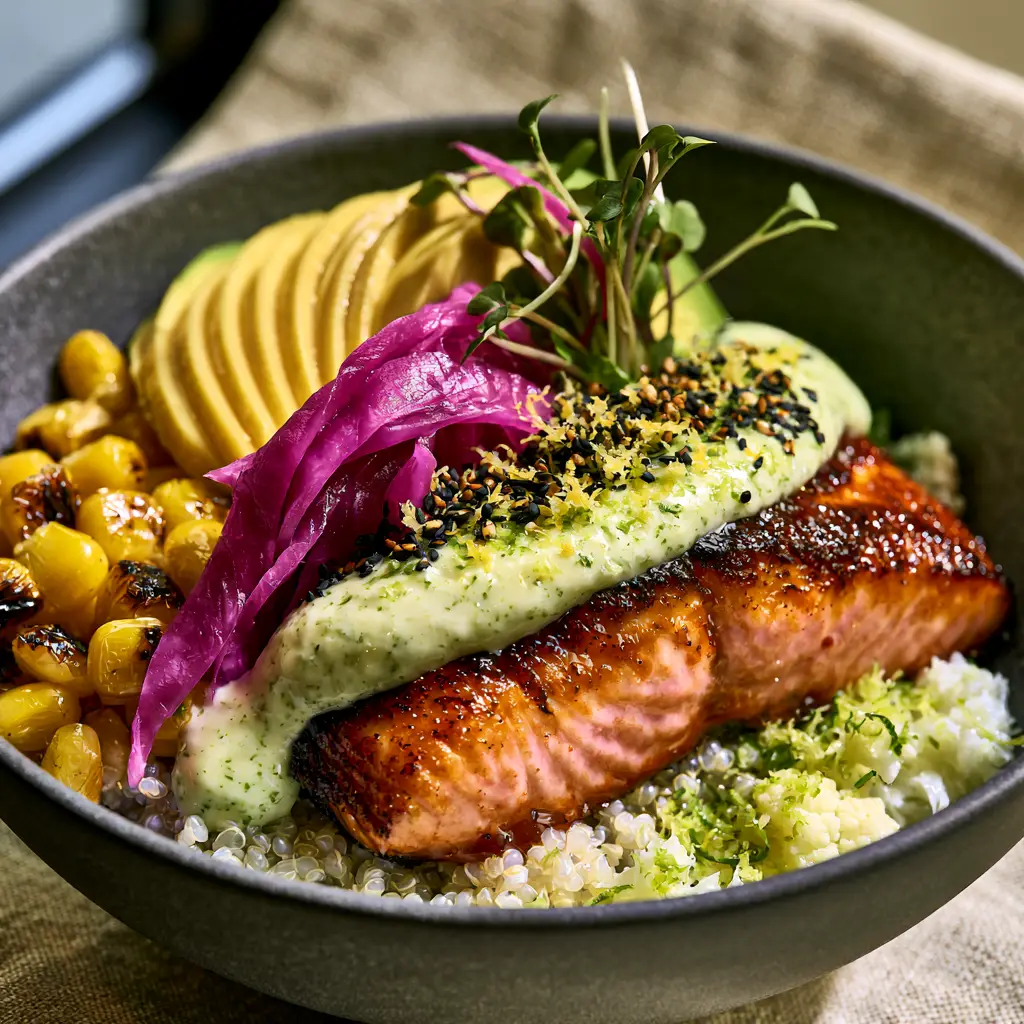Healthy Dinner Ideas: Honey-Sriracha Salmon Bowls with Lime-Zested Quinoa 2 Close up of seared salmon with crispy skin and honey glaze for healthy dinner ideas.