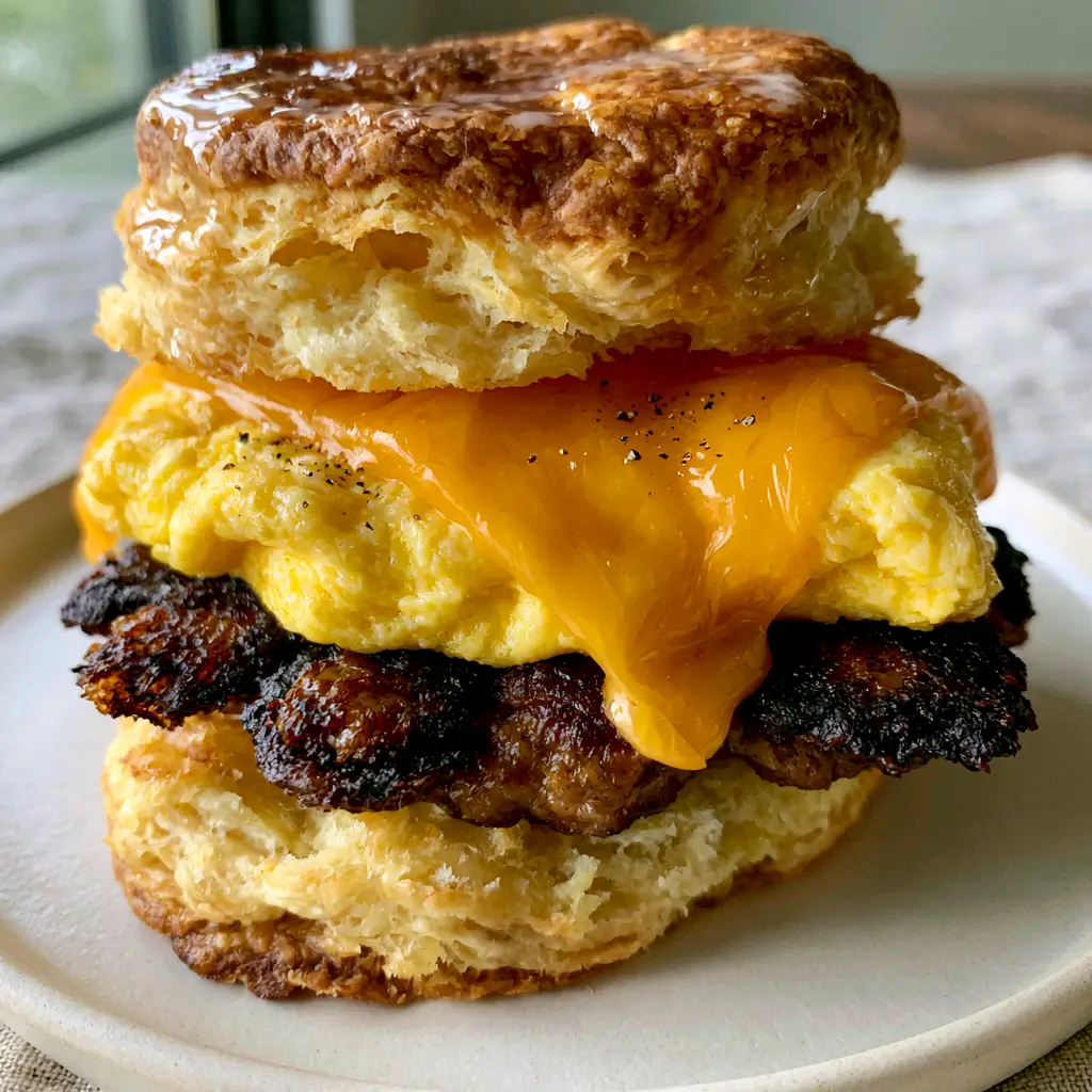 Egg Biscuits with Flaky Buttermilk Layers and Savory Sausage 1 Handheld photo of a breakfast biscuit sandwich with melting orange cheese and cracked black pepper on eggs.