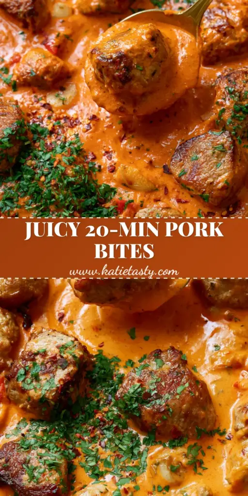 A close-up of Pork Bites with Creamy Bell Pepper Sauce in a black skillet with a gold spoon, garnished with parsley. (Pork Bites with Creamy Bell Pepper Sauce)
