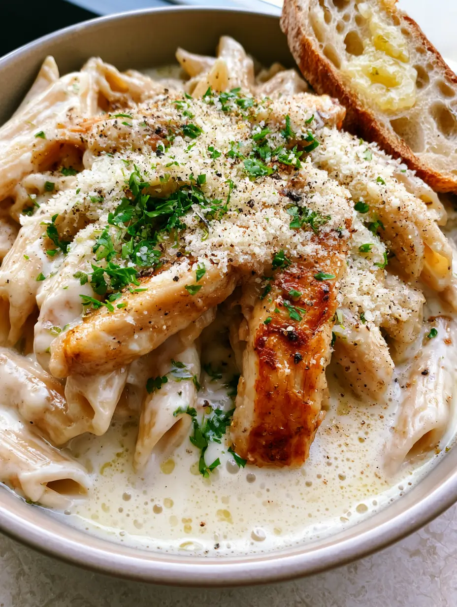 Close-up of al dente penne pasta coated in thick white garlic sauce with visible bubbles of melted butter and seared chicken. (Crockpot Chicken Pasta)