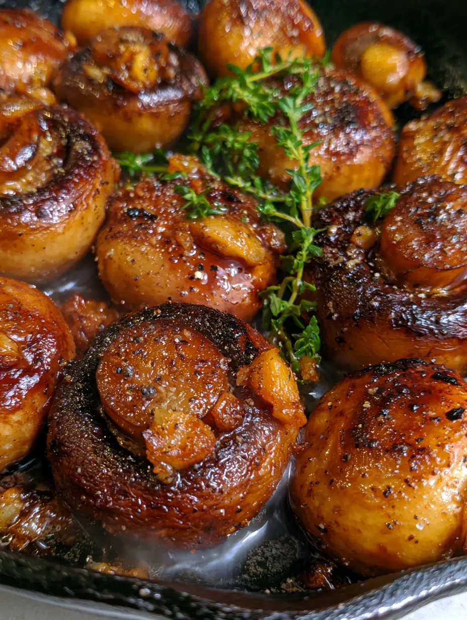 Garlic Mushrooms: The Ultimate Pan-Seared Cremini with Garlic Butter Glaze 4 Extreme macro close-up of seared cremini garlic mushrooms with charred edges and glossy butter glaze.