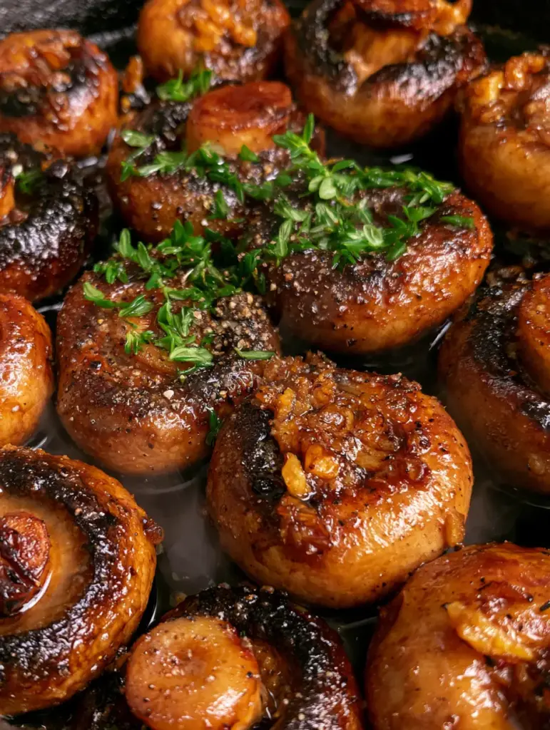 Garlic Mushrooms: The Ultimate Pan-Seared Cremini with Garlic Butter Glaze 1 Sizzling garlic mushrooms in a cast iron pan with visible steam and droplets of butter fat.