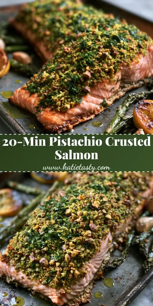 A gourmet sheet pan dinner of Baked Salmon with Pistachio Crust, charred lemon slices, and blistered asparagus on a weathered metal pan. (Baked Salmon with Pistachio Crust)