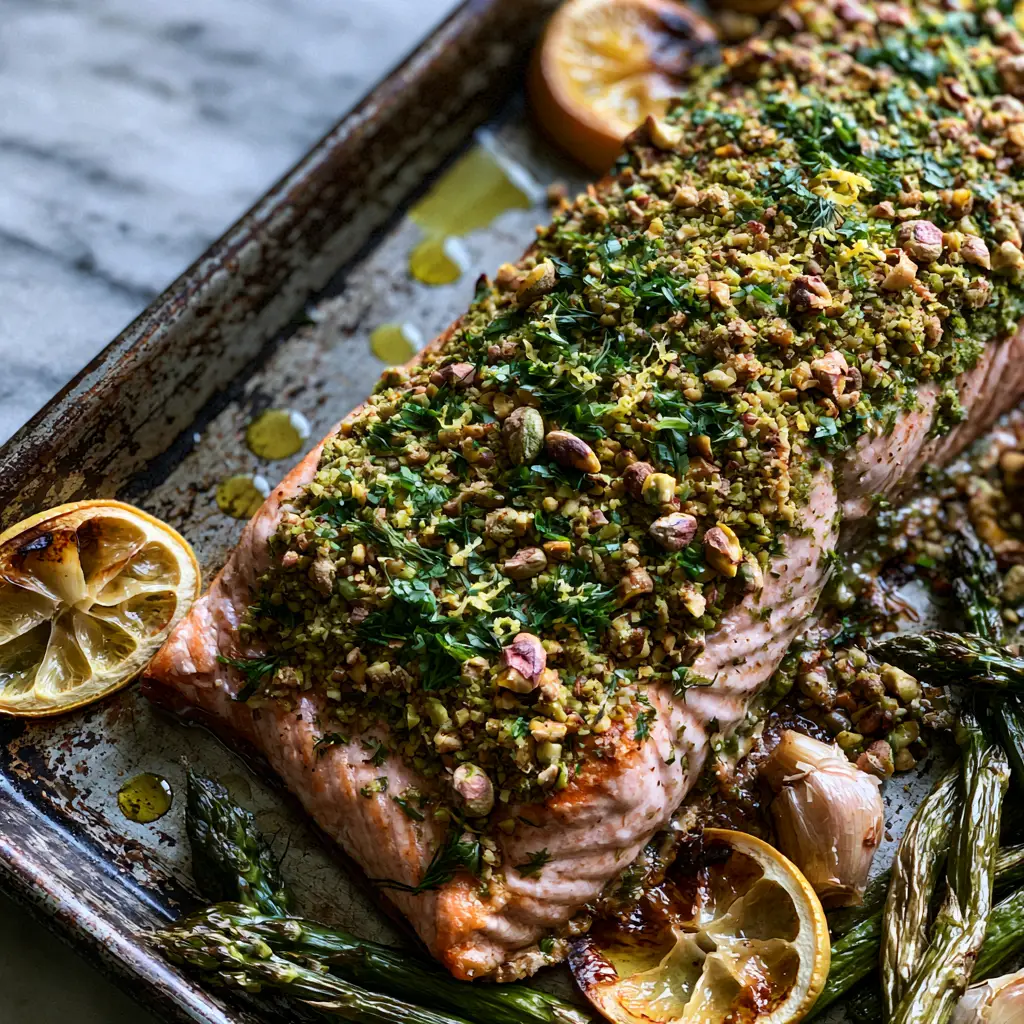 High-angle shot of Baked Salmon with Pistachio Crust showing the thick emerald-green nut topping and flaky pink interior. (Baked Salmon with Pistachio Crust)