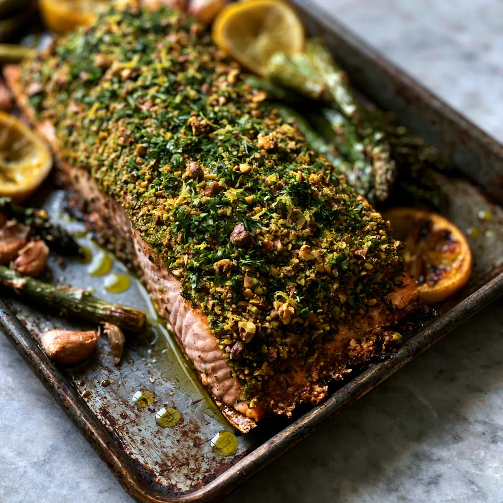 A close-up of the roasted garlic cloves and blistered asparagus surrounding the Baked Salmon with Pistachio Crust.