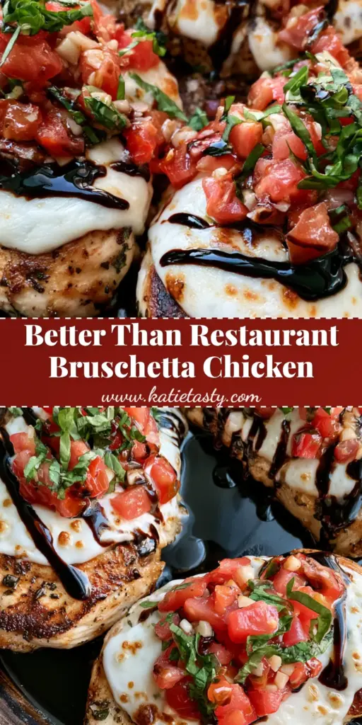 Bruschetta Chicken: The Ultimate One-Skillet Italian Dinner 3 A rustic black cast iron skillet featuring three seared bruschetta chicken breasts topped with bubbling mozzarella, chunky tomatoes, and balsamic glaze ribbons.