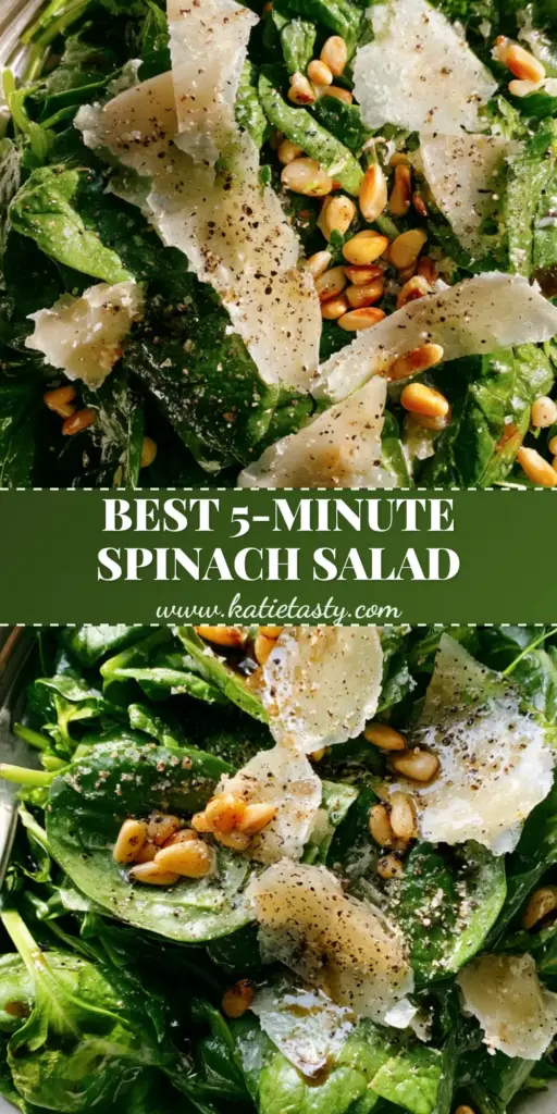 Overhead close-up of a simple spinach salad recipe featuring glistening leaves, shaved parmesan, and toasted pine nuts in a white bowl.