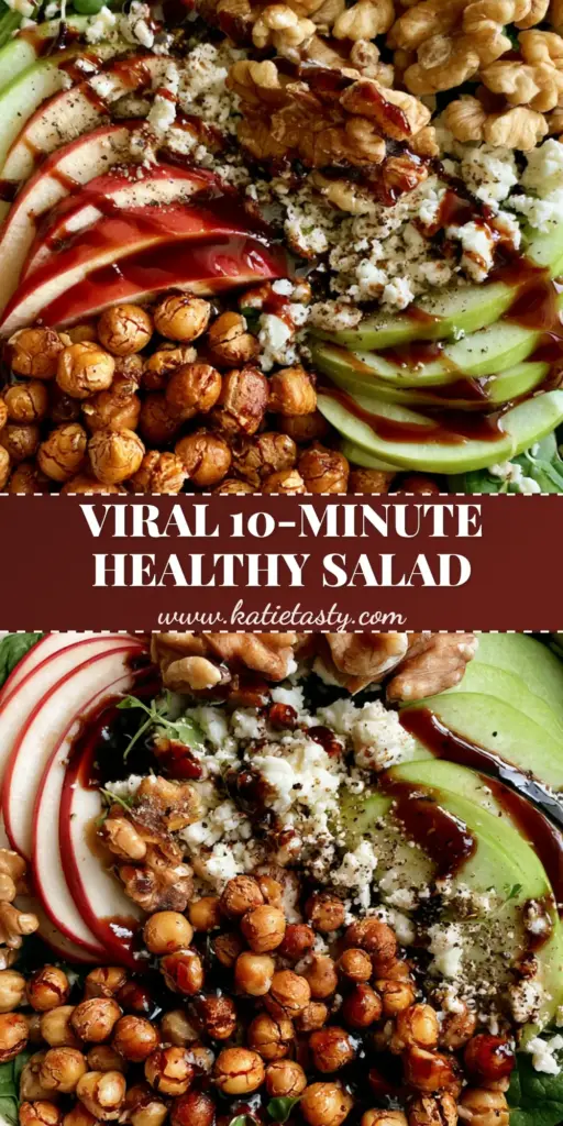 A top-down view of a vibrant spinach apple chickpea salad in a cream ceramic bowl featuring red and green apple slices and roasted chickpeas.