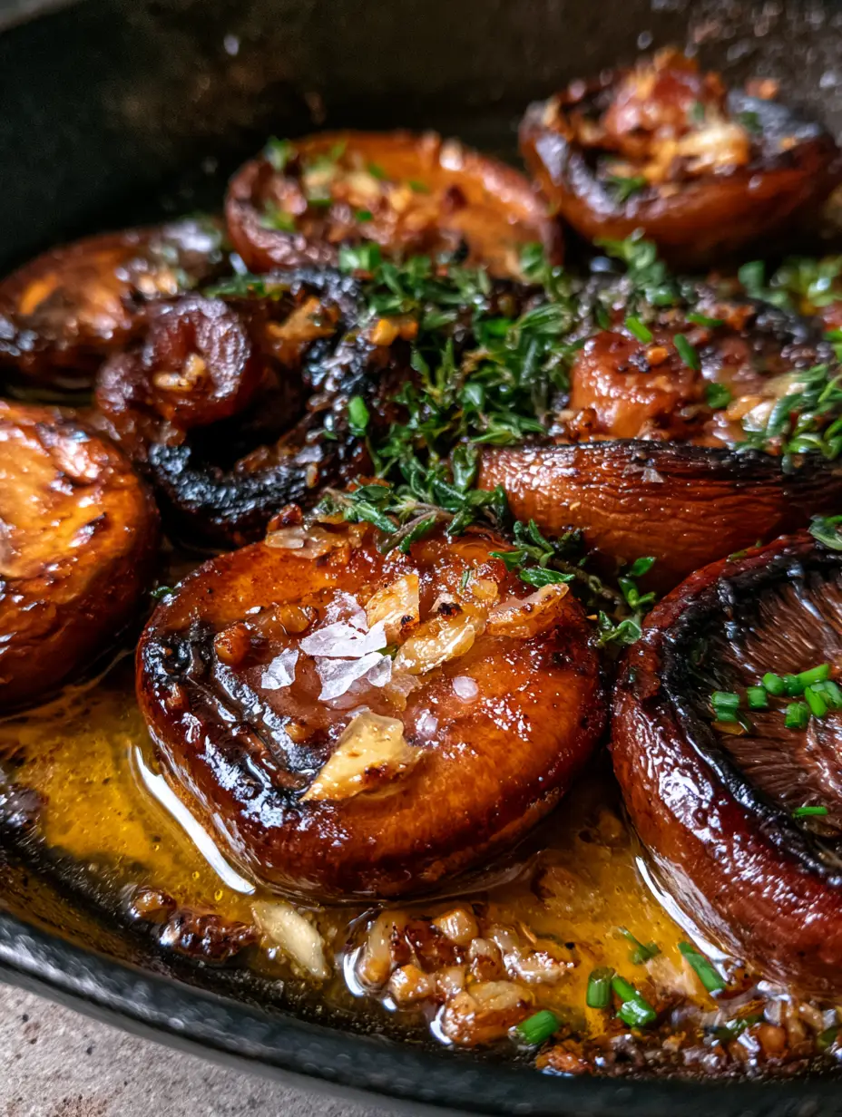 Mushroom recipes: The Ultimate Garlic Butter Pan-Seared Cremini Mushrooms 3 Macro shot of thick-sliced cremini mushrooms dry-searing in a cast iron skillet with charred edges. (Mushroom recipes)