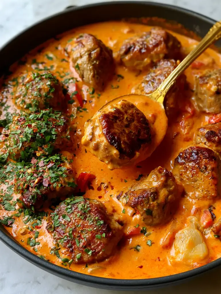 Close-up of a gold spoon lifting a caramelized pork bite from a thick orange cream sauce. (Pork Bites with Creamy Bell Pepper Sauce)