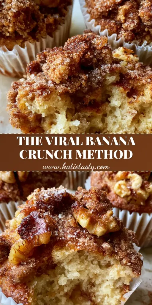 Banana Crunch Muffins with Oversized Walnut Streusel 4 A top-down photo of three jumbo banana crunch muffins with oversized walnut streusel and coarse sugar in white parchment liners. (banana crunch muffins)