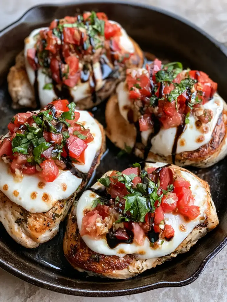 Bruschetta Chicken: The Ultimate One-Skillet Italian Dinner 2 Top-down view of three thick juicy chicken breasts in a cast iron skillet with melted mozzarella and vibrant red tomatoes. (bruschetta chicken)