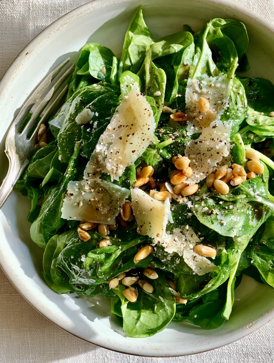 Extreme close-up of a simple spinach salad recipe with translucent balsamic vinaigrette and large thin shavings of aged parmesan.