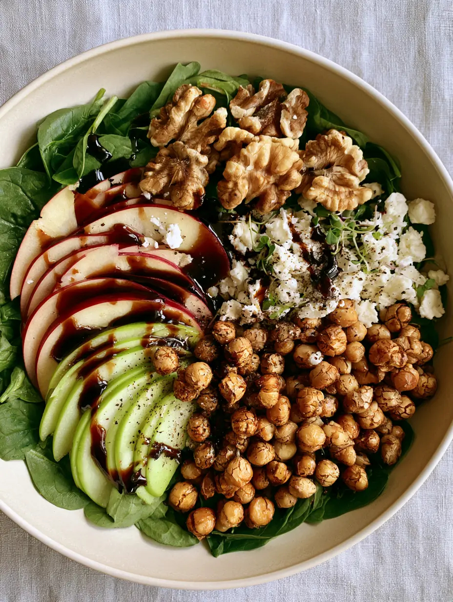 Overhead photo of a spinach apple chickpea salad with toasted walnuts and crumbled feta on a grey linen background.