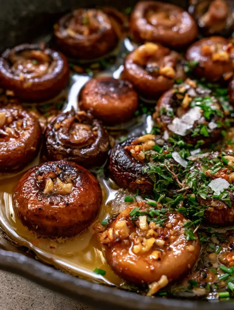 Mushroom recipes: The Ultimate Garlic Butter Pan-Seared Cremini Mushrooms 1 Close-up of mushrooms glistening in garlic butter with fresh thyme and chives. (Mushroom recipes)