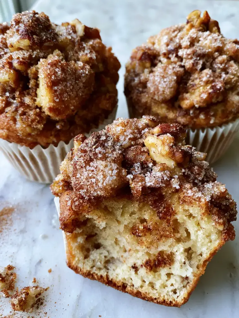 Banana Crunch Muffins with Oversized Walnut Streusel 2 Close-up of jumbo banana crunch muffins showing the craggy cinnamon sugar clusters and toasted walnuts. (banana crunch muffins)