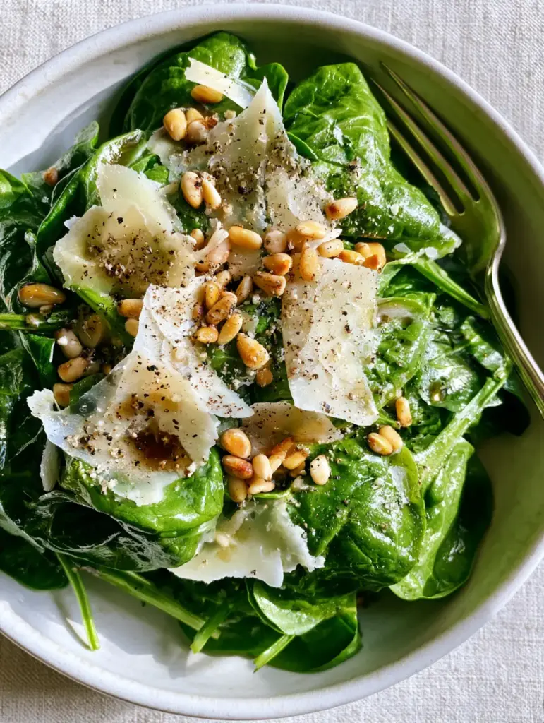 Handheld smartphone photo of a simple spinach salad recipe in a rustic shallow white ceramic bowl with a silver fork.